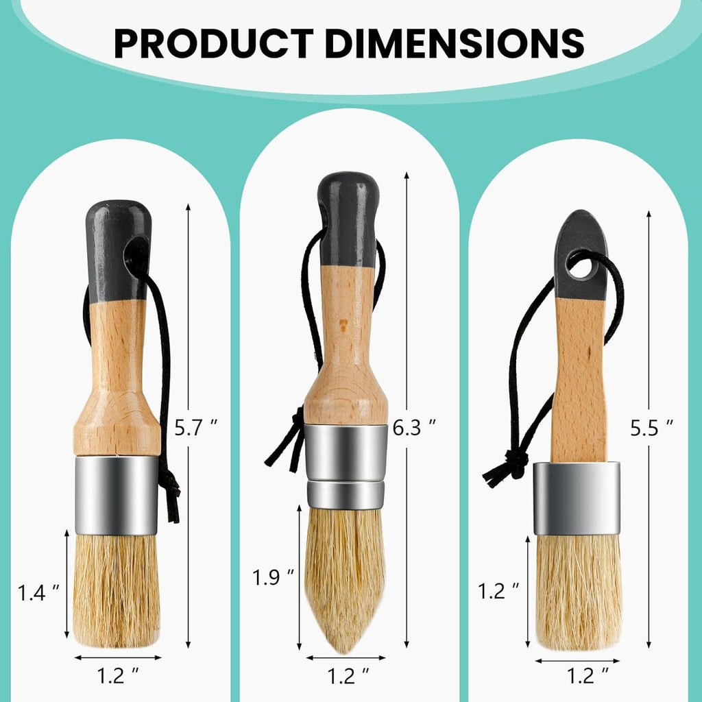 Three small wax paint brushes with wood handles, silver ferrules, and beige bristles