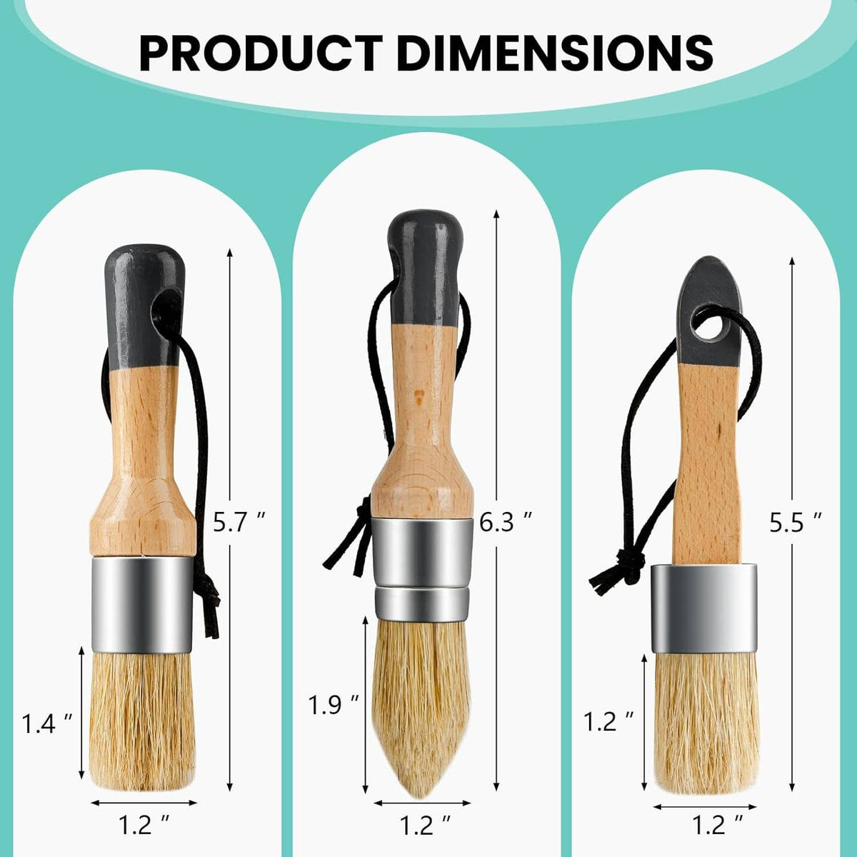Three small wax paint brushes with wood handles, silver ferrules, and beige bristles