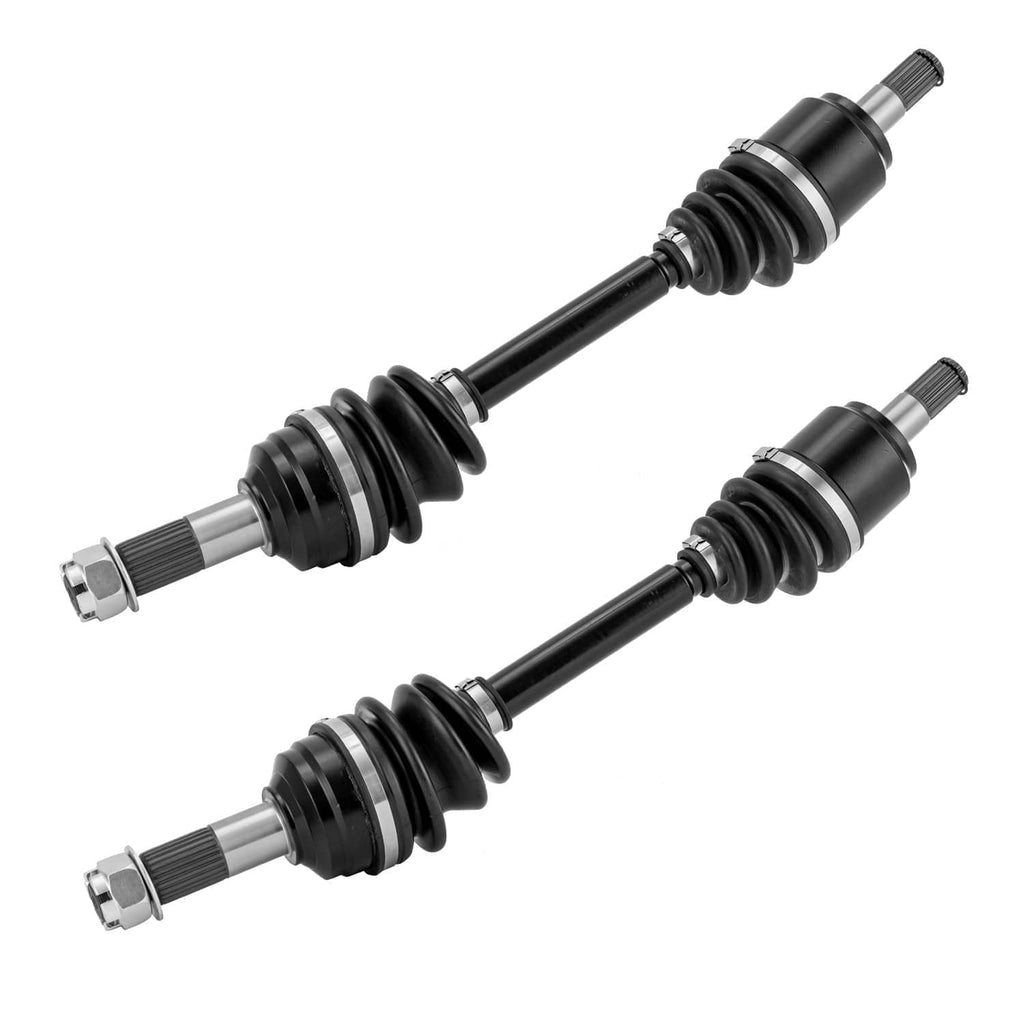 Pair of front CV joint axles with black boots, gray shafts, and hex bolt ends
