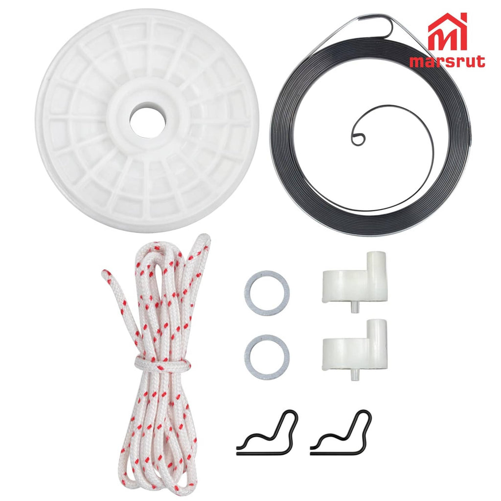Recoil starter pulley spring assembly kit with white pulley wheel, black spring ring, and cord