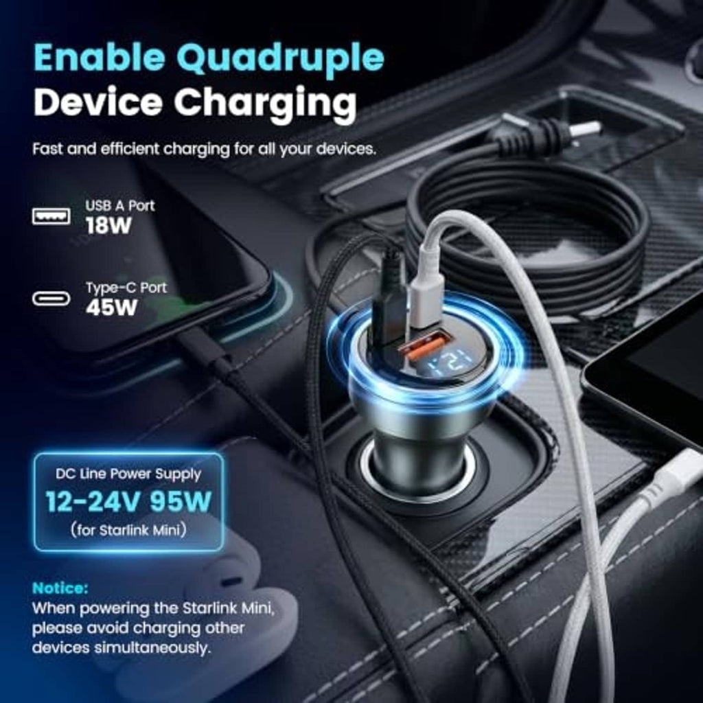 Car multi-device charger with USB-A and Type-C ports and LED voltage display