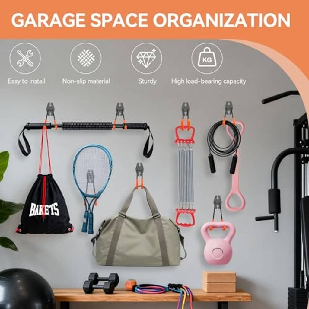Black-and-orange garage organization hooks with curved hangers in multiple sizes