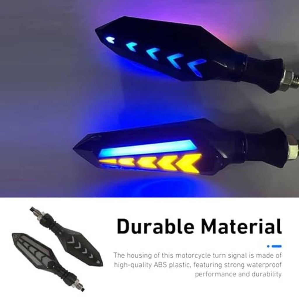 LED motorcycle turn indicator lights showing blue arrow lens illumination with black housing