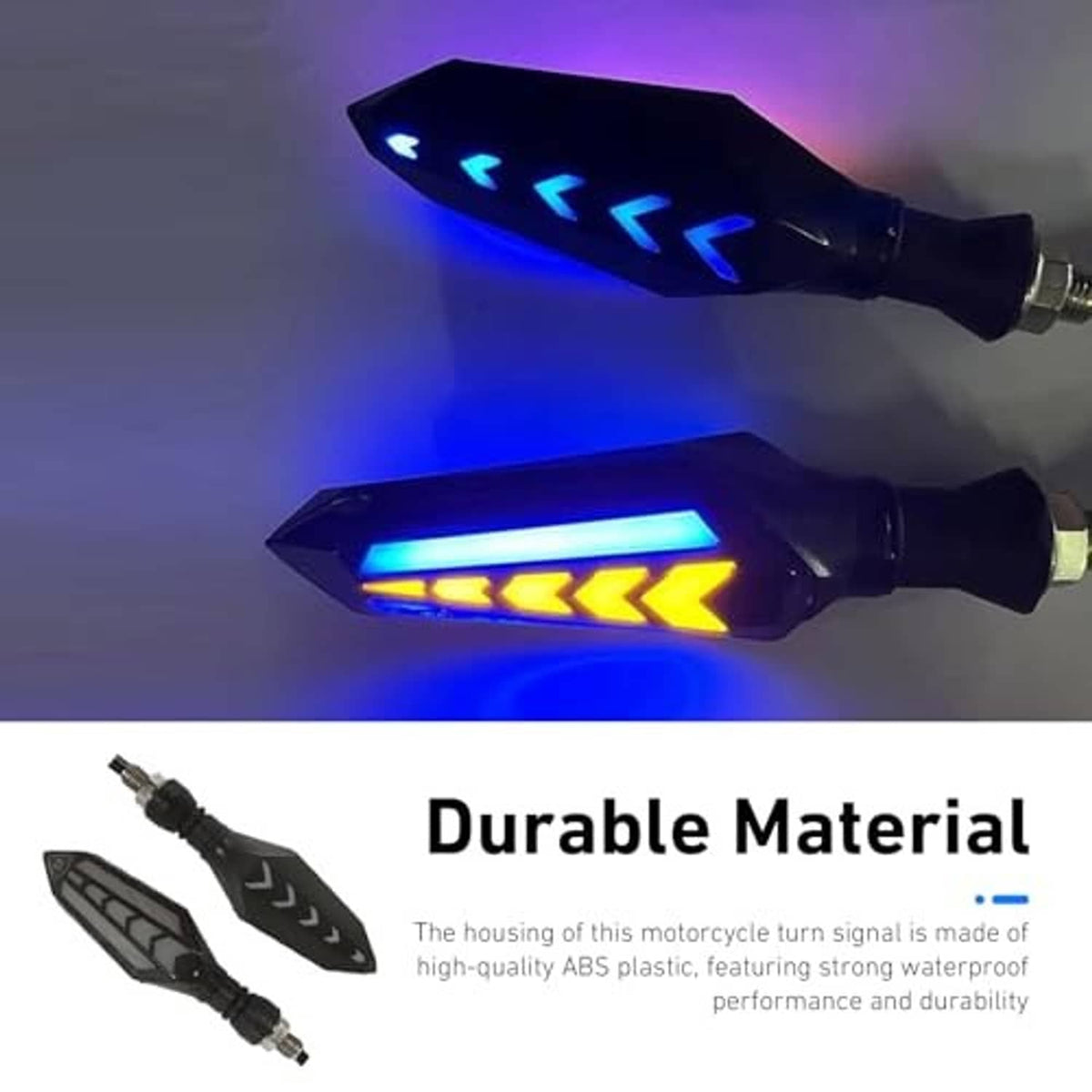 LED motorcycle turn indicator lights showing blue arrow lens illumination with black housing