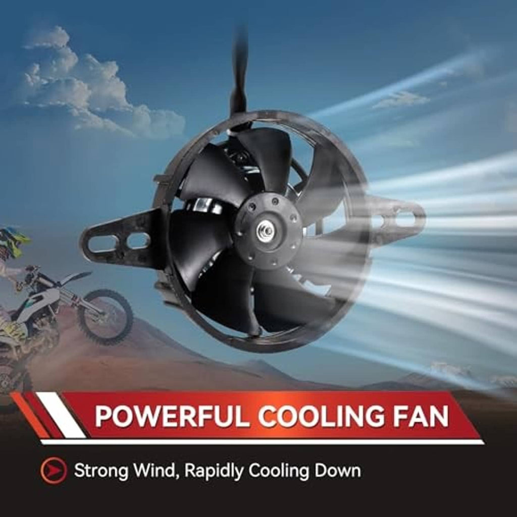 Motorcycle radiator cooling fan with dark blades, mounting frame, and connected electric cable