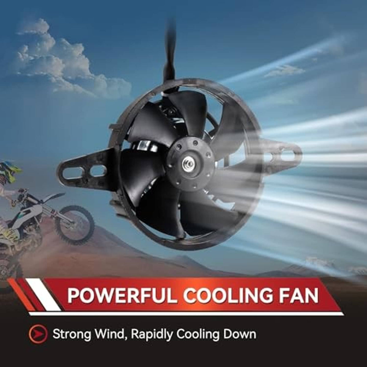 Motorcycle radiator cooling fan with dark blades, mounting frame, and connected electric cable
