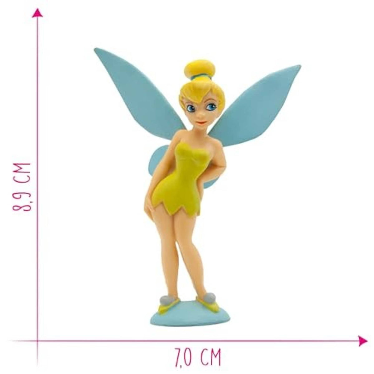 Yellow fairy toy figure with teal wings, full-body front view, blue base