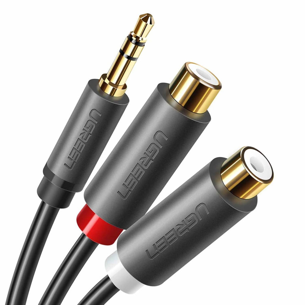 Close-up of dual RCA and 3.5mm gold-plated ends on a black stereo Y adapter cable