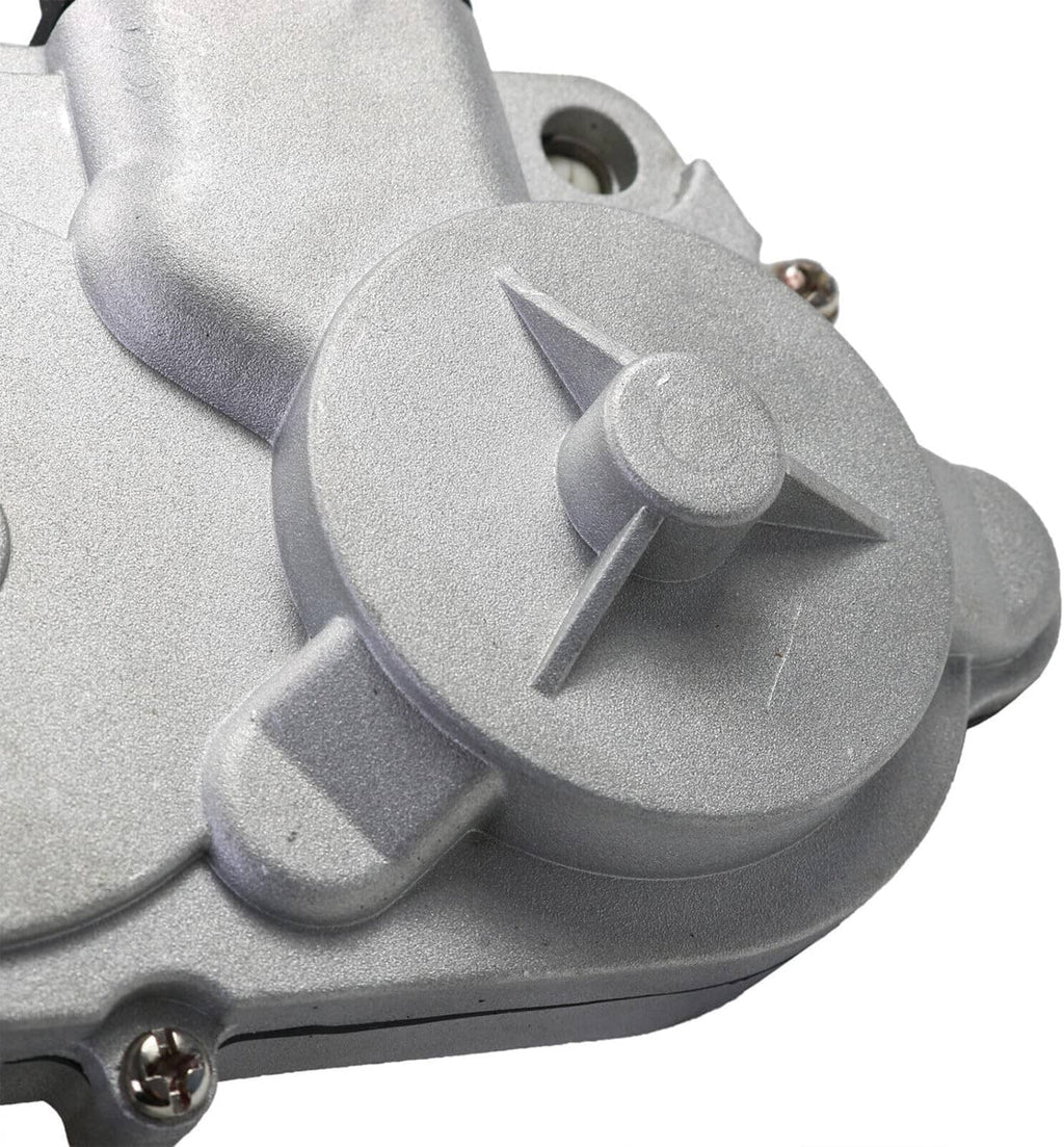 Transfer case shift actuator motor close-up of textured silver housing detail