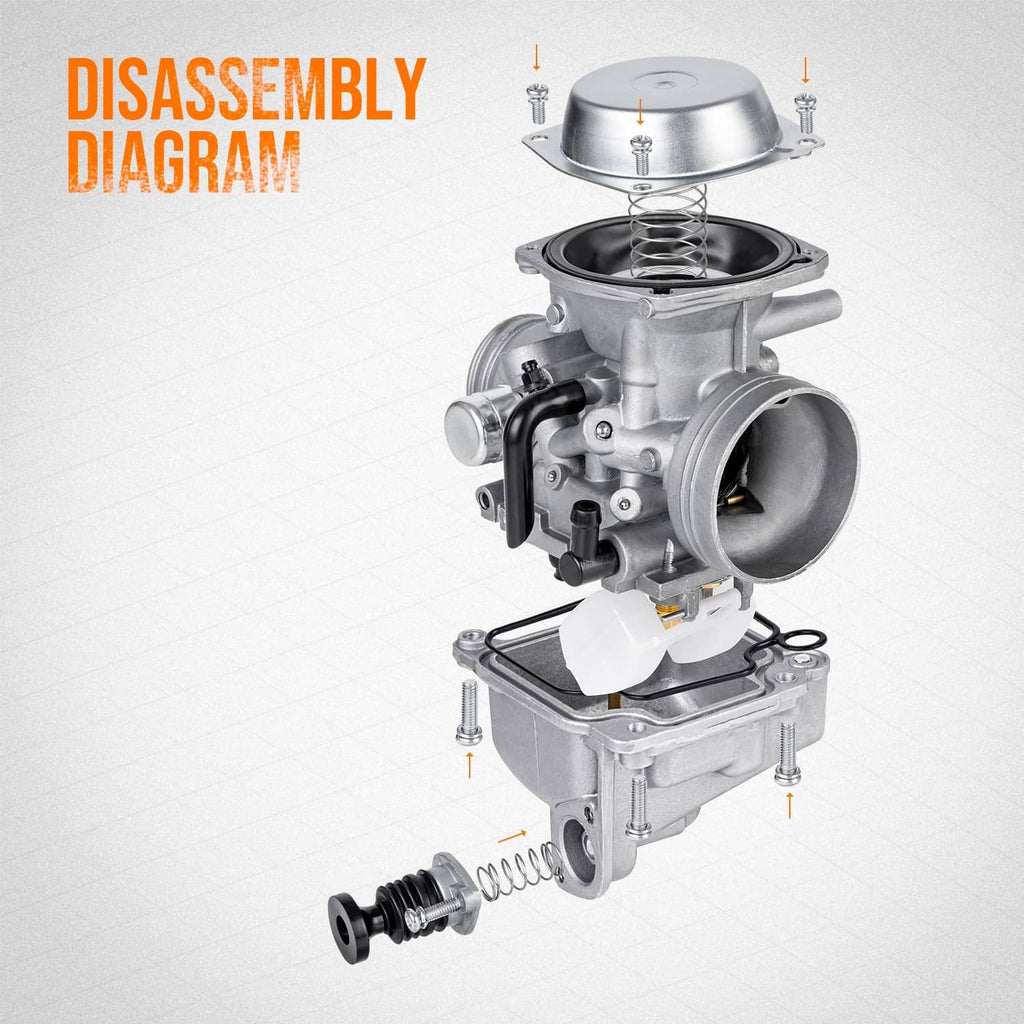 Carburetor disassembly diagram showing metal housing, spring, and internal components