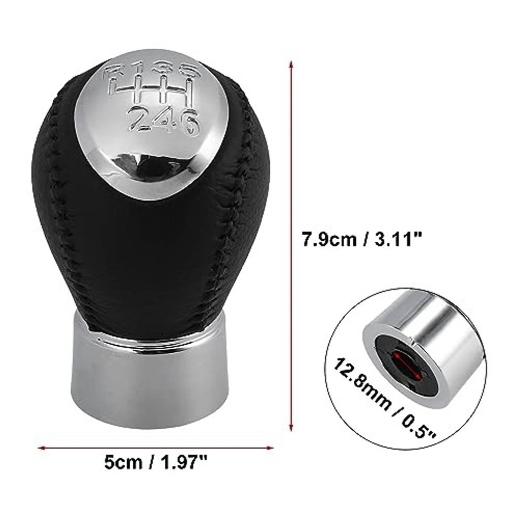 Black leather 6-speed gear shift knob with silver base; size markings 5cm and 7.9cm