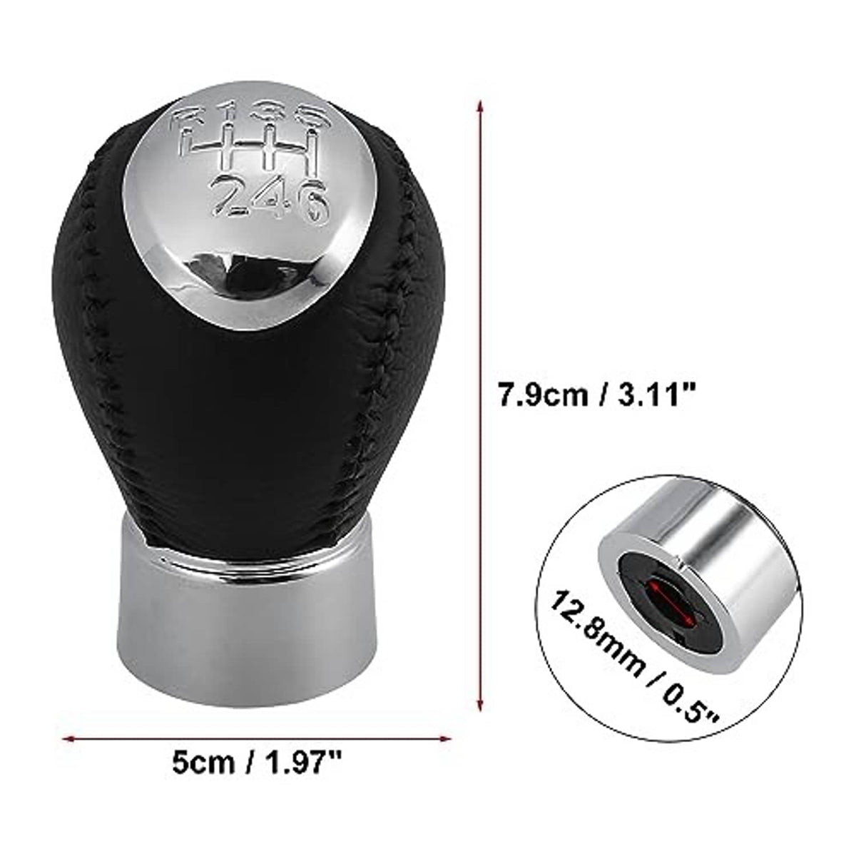 Black leather 6-speed gear shift knob with silver base; size markings 5cm and 7.9cm