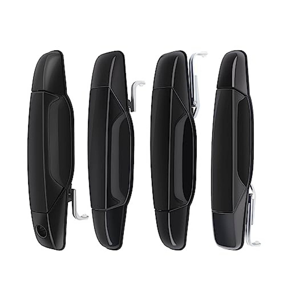 Set of 4 black exterior door handles with chrome mounting posts and brackets.