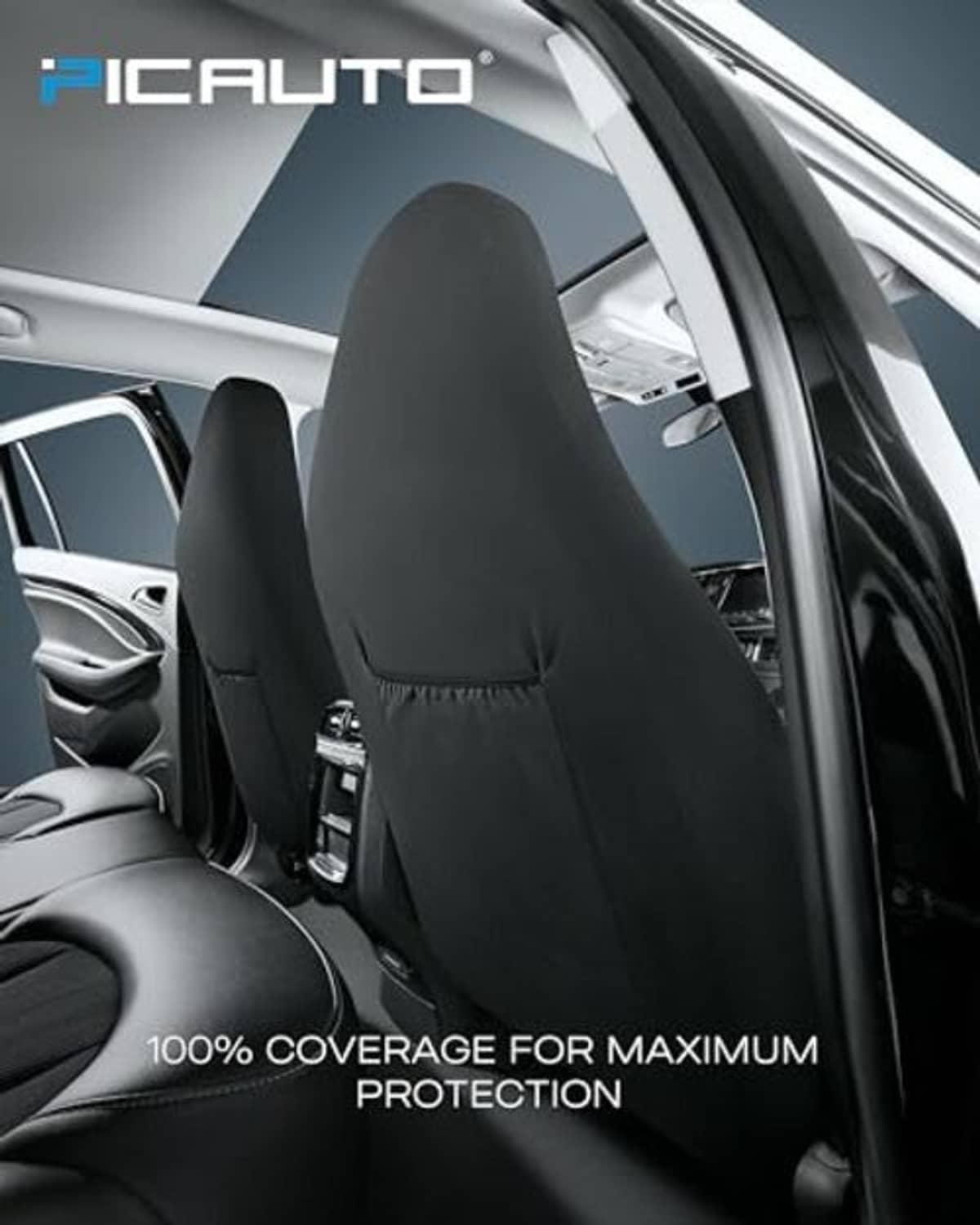 Black leather front seat cover with carbon-fiber look mesh side panels