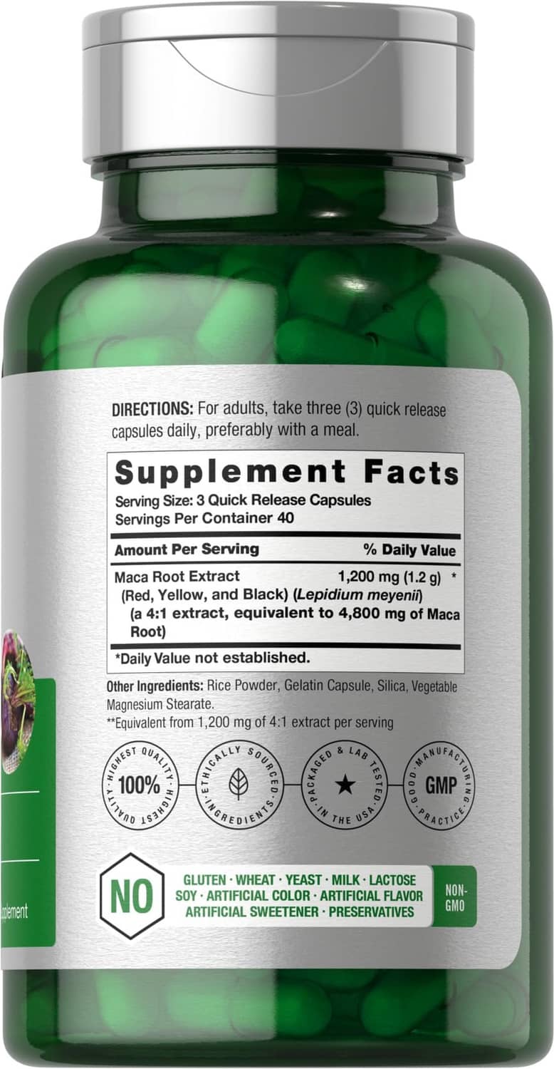 Horbäach maca root capsules bottle with supplement facts label