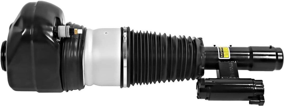 Air suspension strut with black end cap, silver bellows sleeve, and integrated connector block