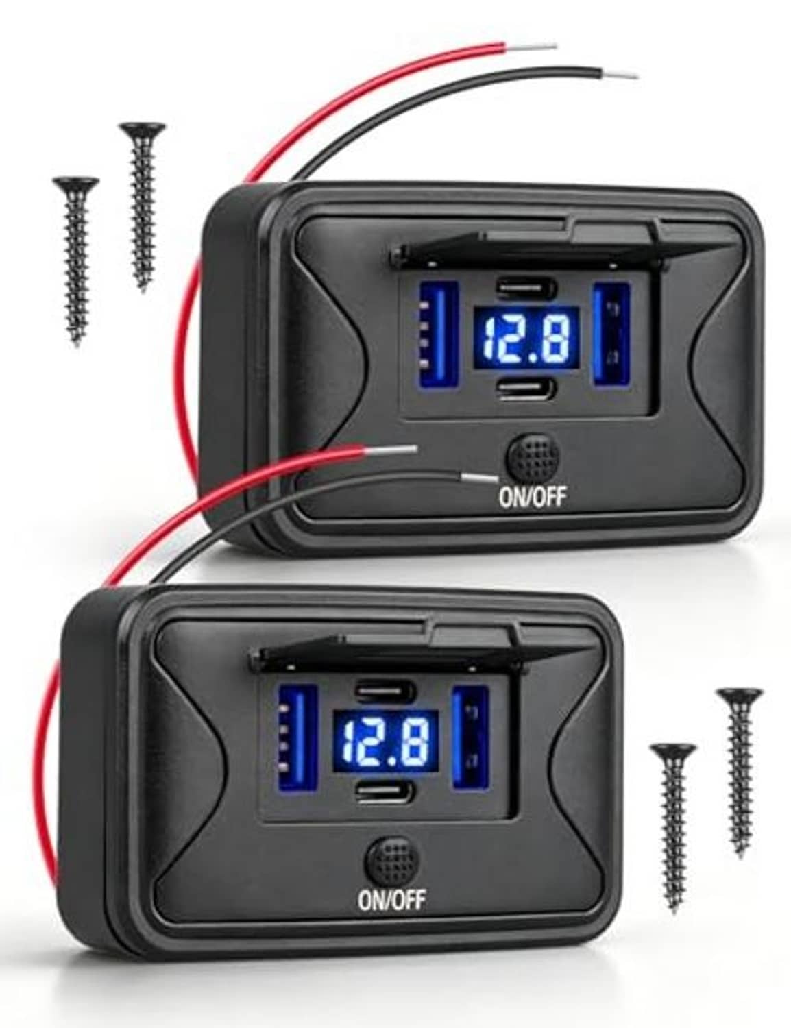 Black 12V USB outlet set with 4 USB ports and blue 12.8V display