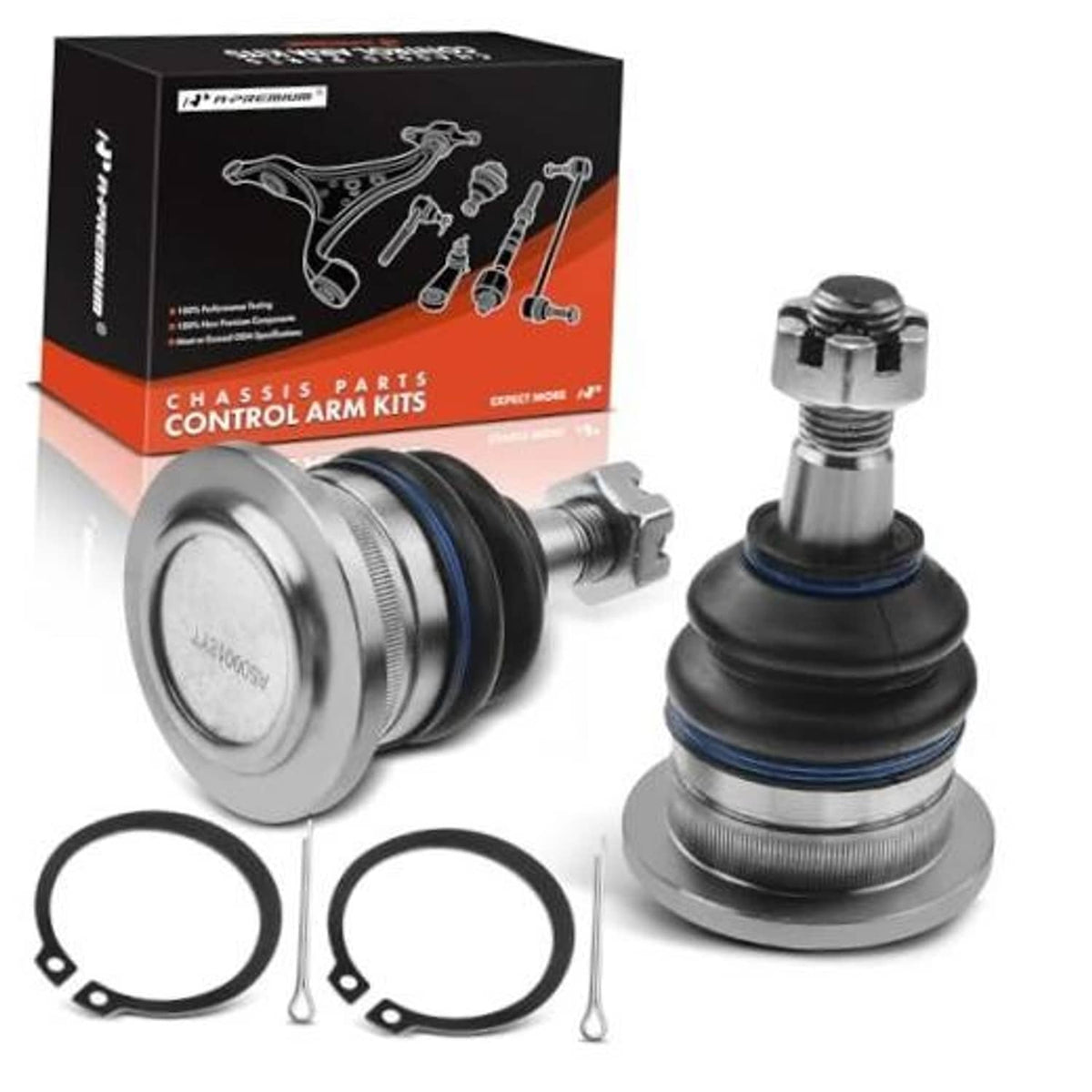 Front upper ball joint kit with metal housing and rubber dust boot, plus mounting seals