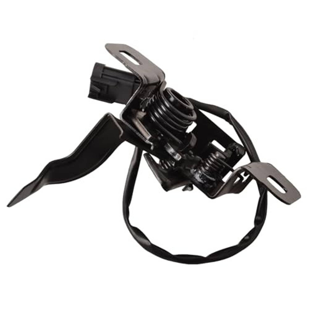 Black hood latch spring actuator with wiring harness and mounting tabs