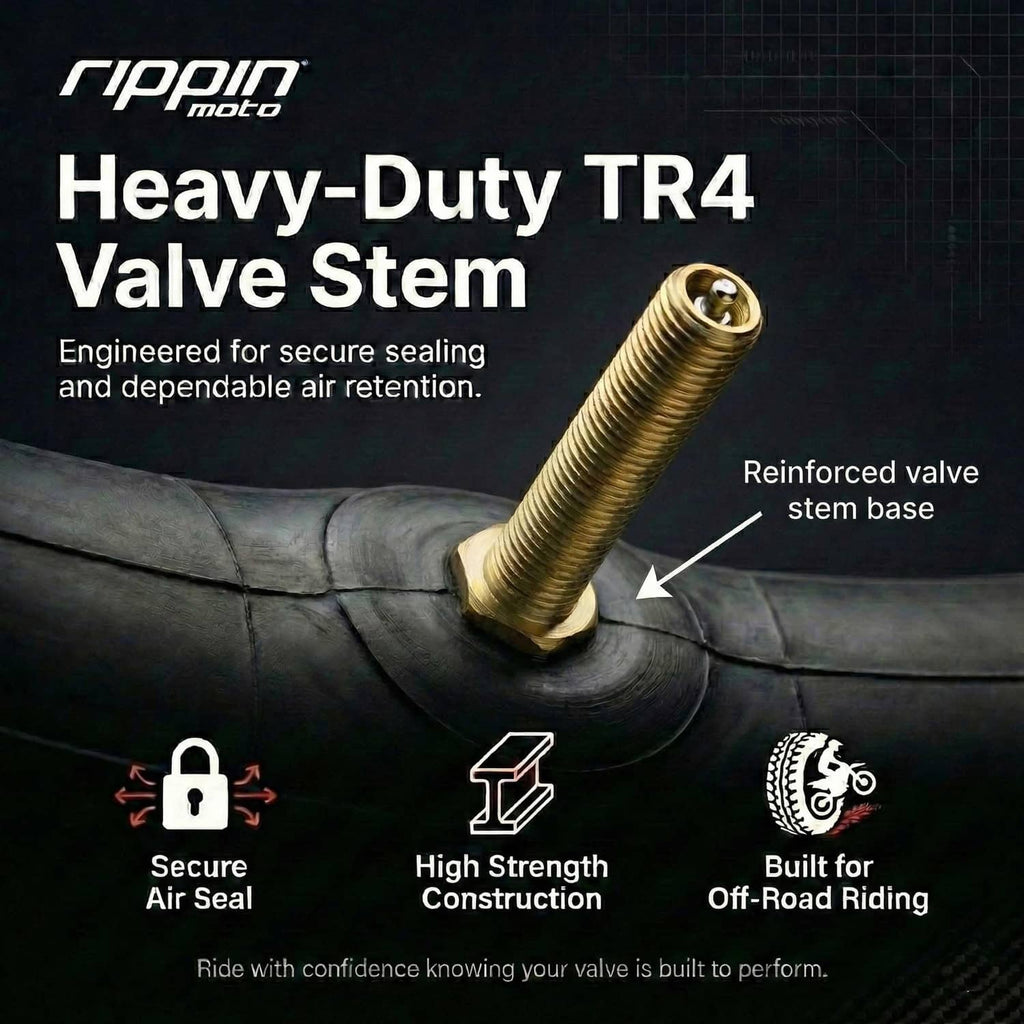 Heavy-duty TR4 valve stem on black inner tube with brass valve