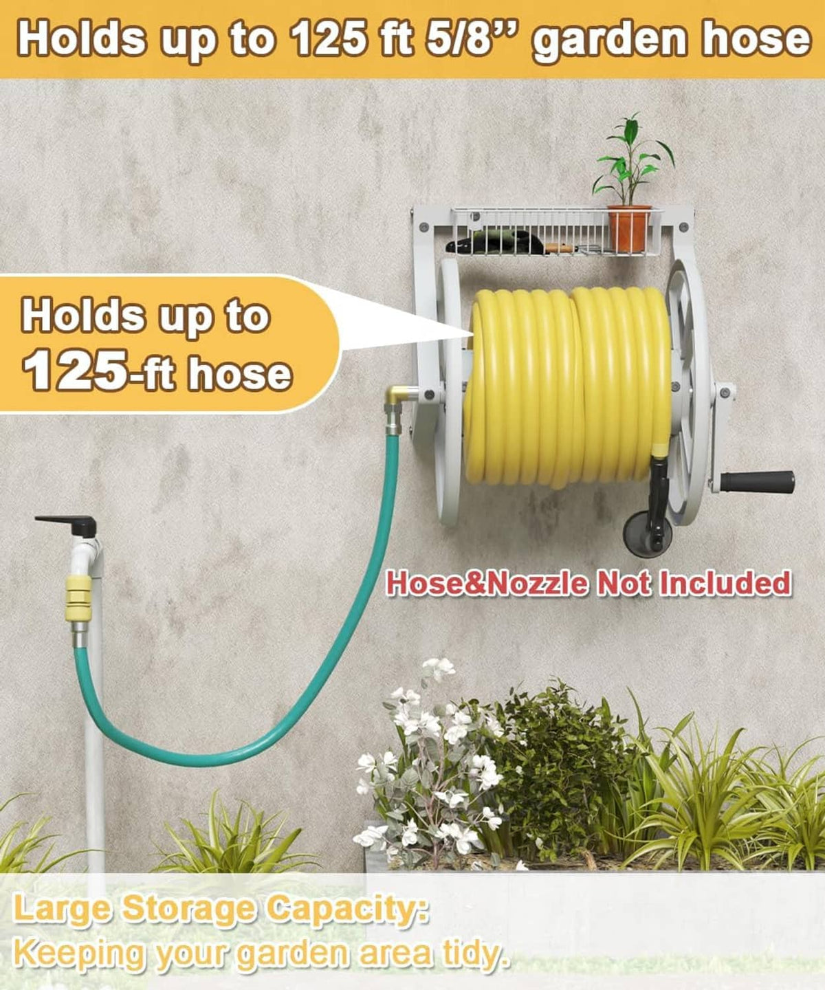 Wall-mounted triangle hose reel holding a coiled yellow garden hose on gray frame