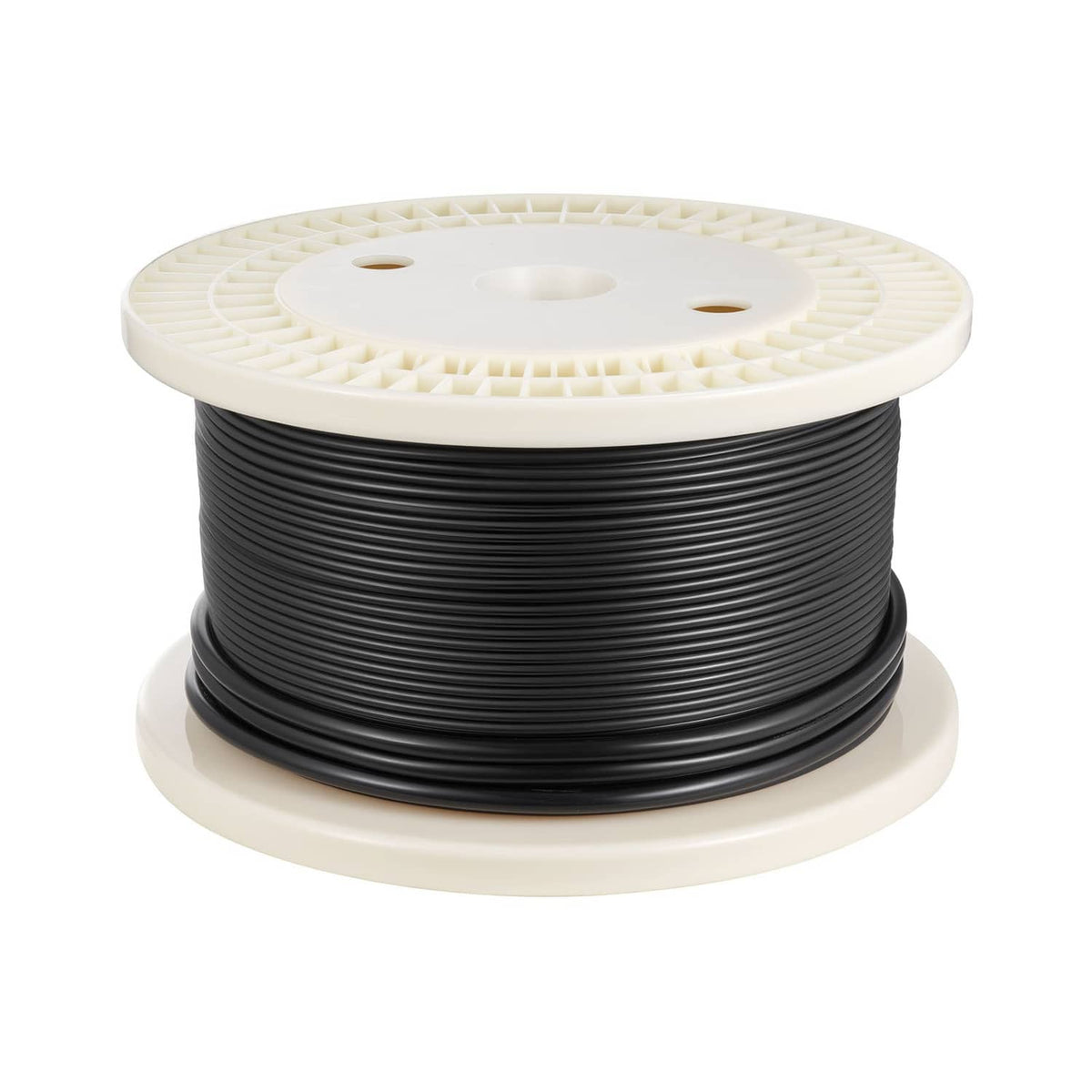 Coiled black underfloor heating cable on a white spool with open top holes