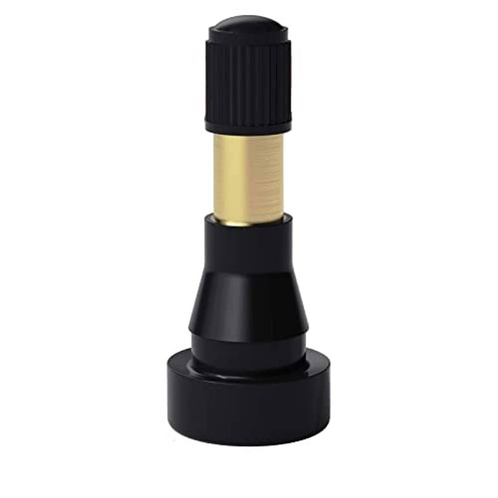 Snap-in tire valve stem with black cap, gold brass middle, and black rubber base