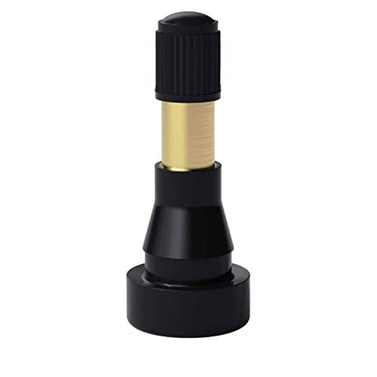Snap-in tire valve stem with black cap, gold brass middle, and black rubber base
