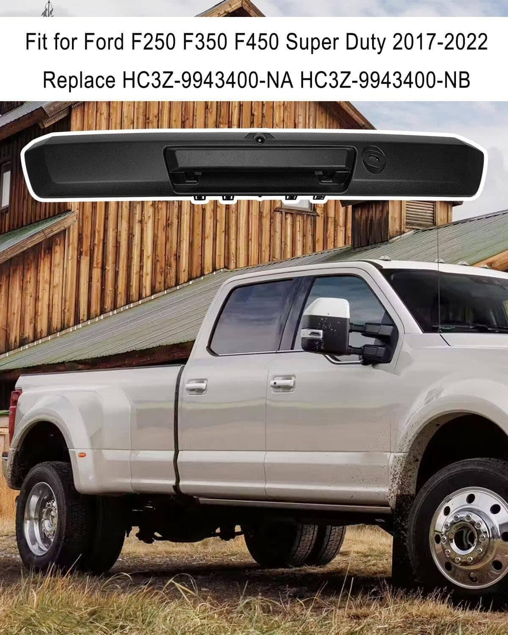 Black tailgate handle with rear view camera opening and mounting design