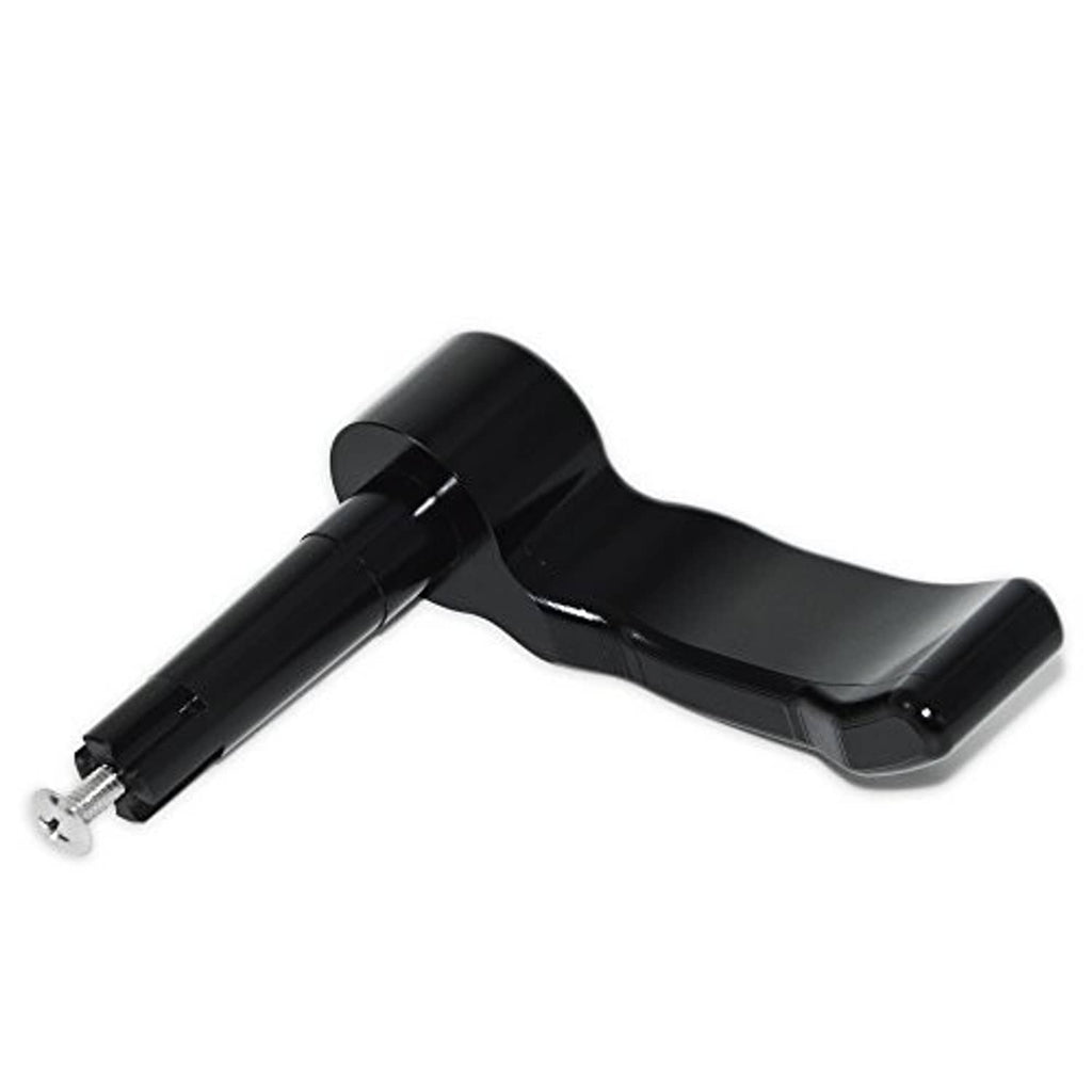 Gloss black throttle thumb lever with silver mounting screw, angled view