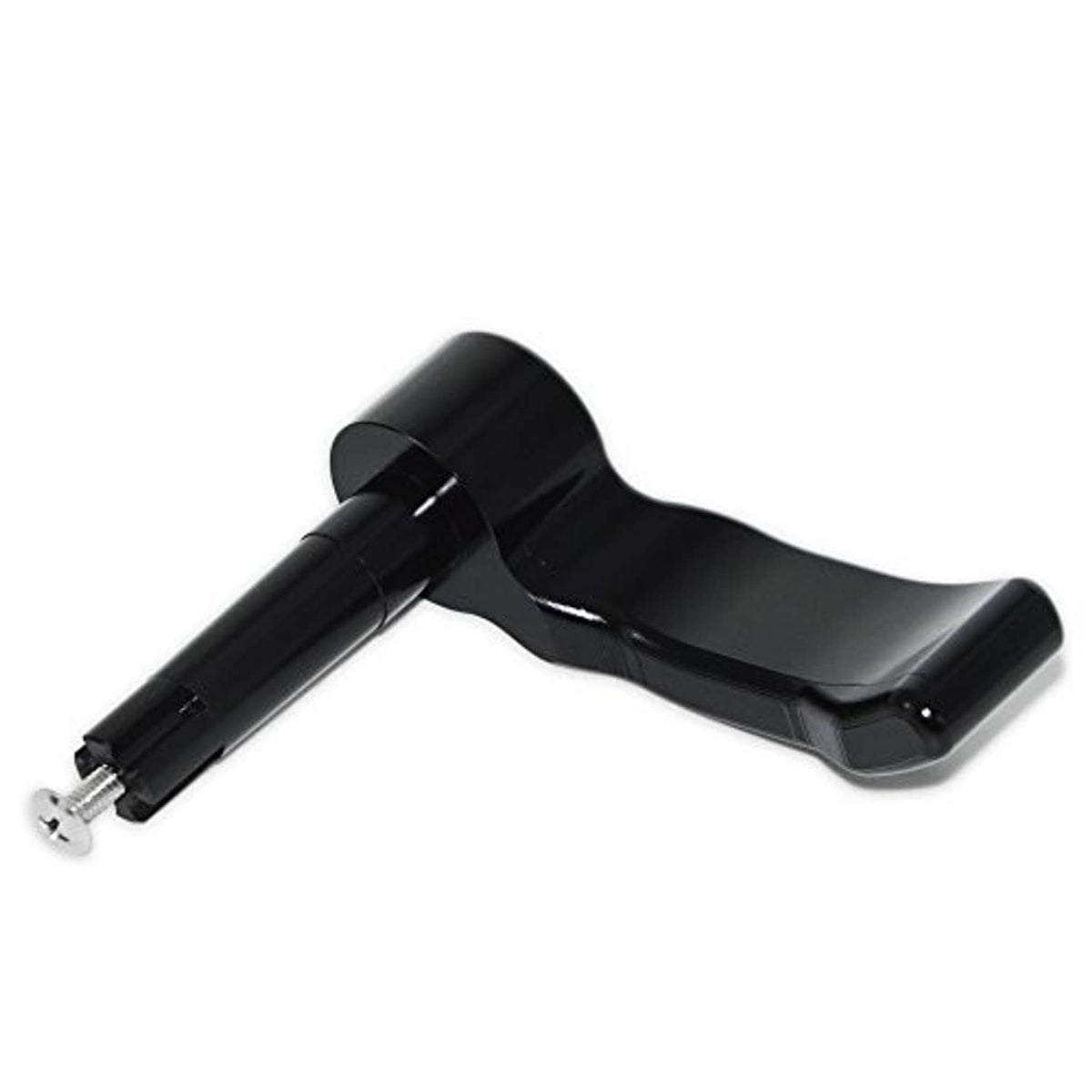 Gloss black throttle thumb lever with silver mounting screw, angled view