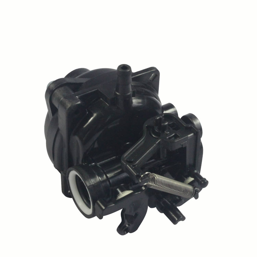 Black carburetor housing with side outlet port and metal adjustment spring