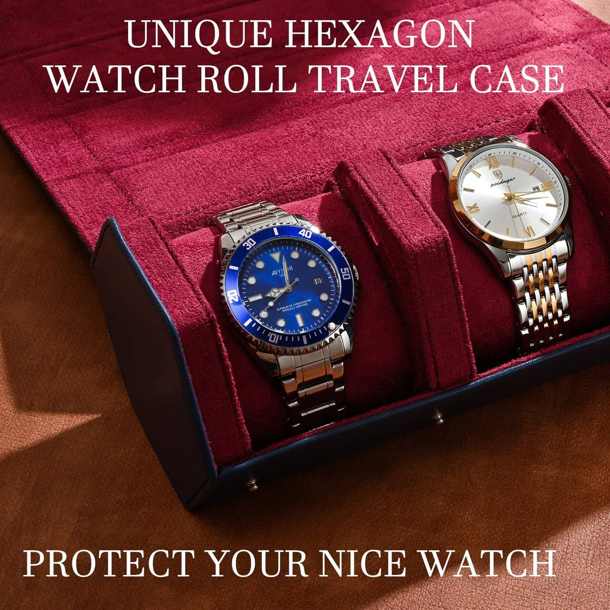 Dark blue watch roll case with three red velvet compartments holding three wristwatches