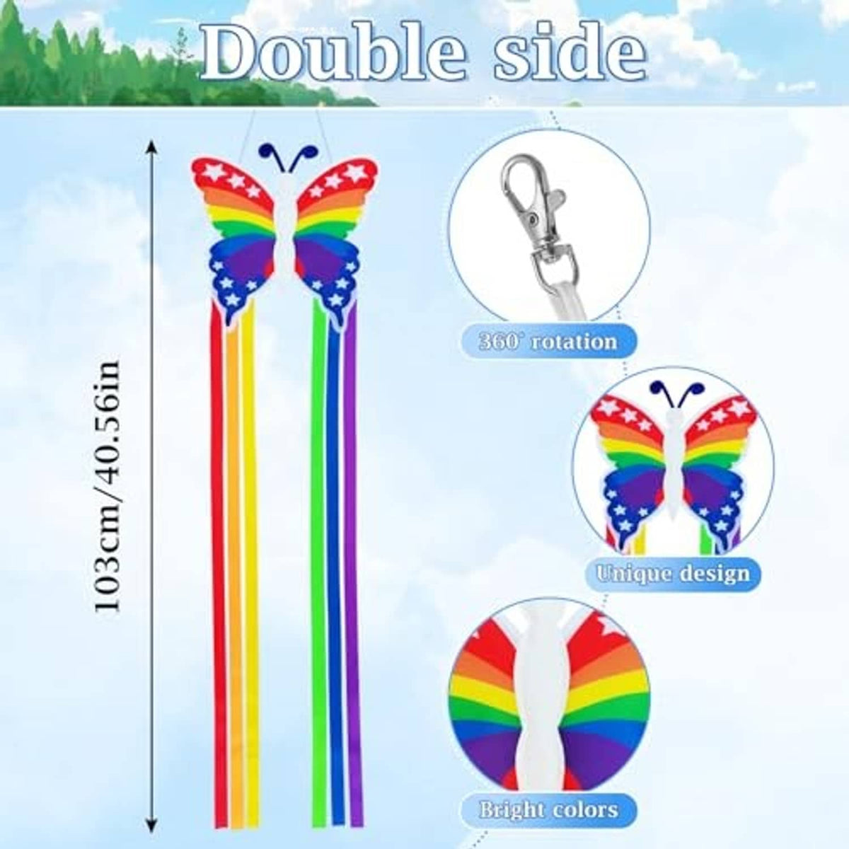 Rainbow butterfly windsock with rainbow streamers and blue-and-red star wings