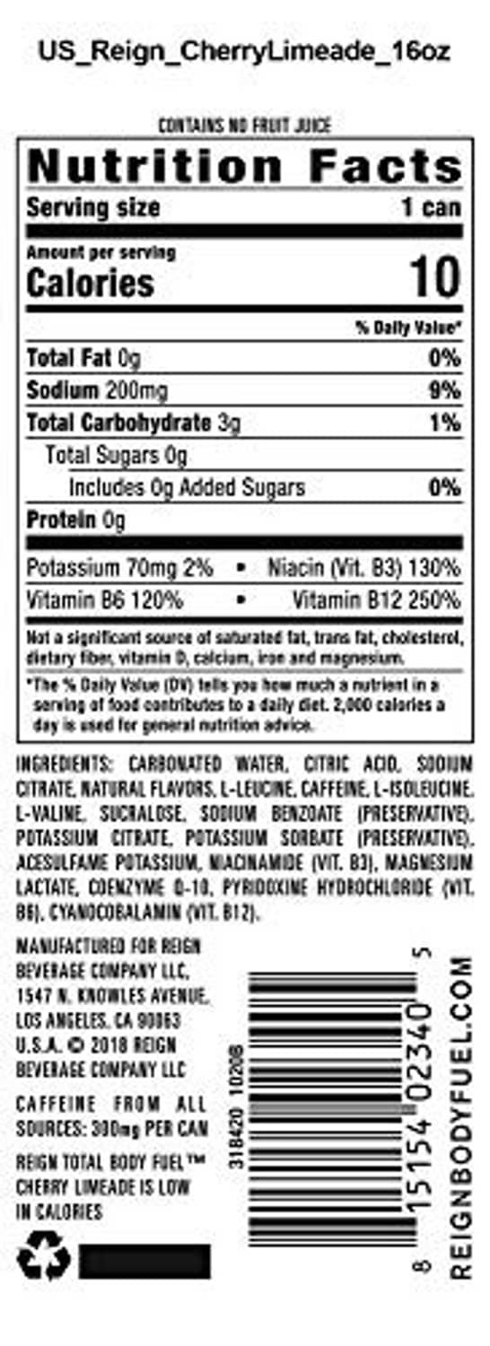 Nutrition Facts panel for Reign Total Body Fuel cherry limeade, 16 oz serving details