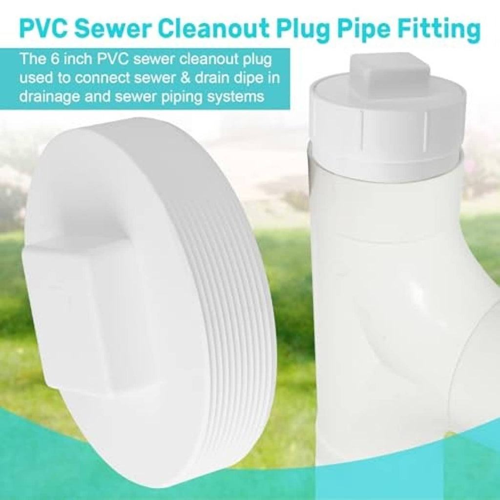 White PVC cleanout plug pipe fitting with ridged edge and rectangular access top