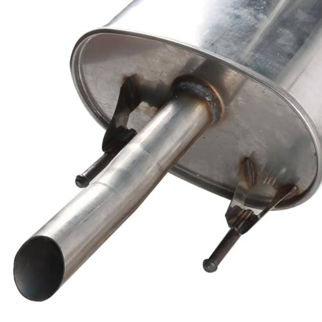 Close-up stainless muffler housing with inlet pipe and mounting bracket