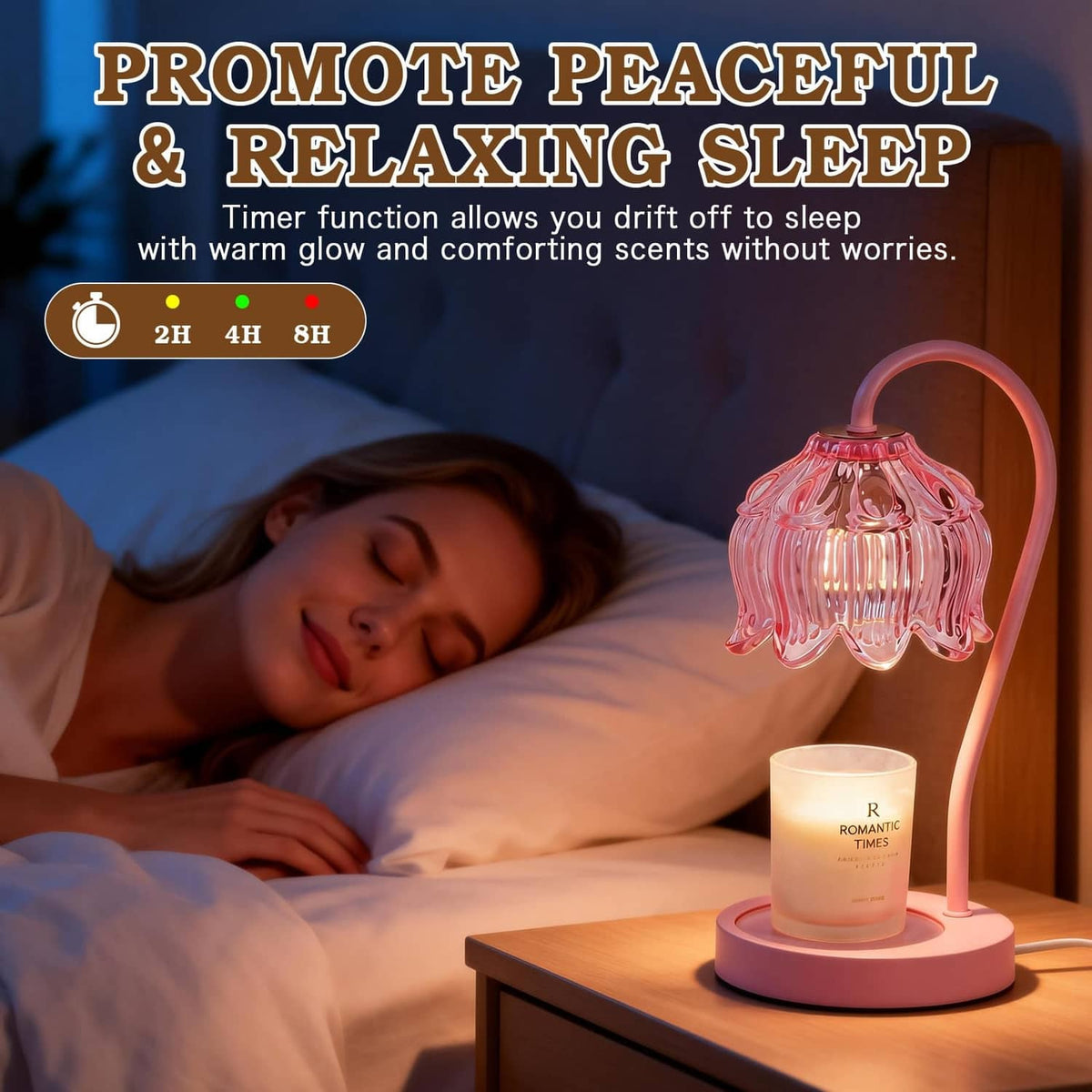 Pink candle warmer lamp with glowing jar candle beside a bed