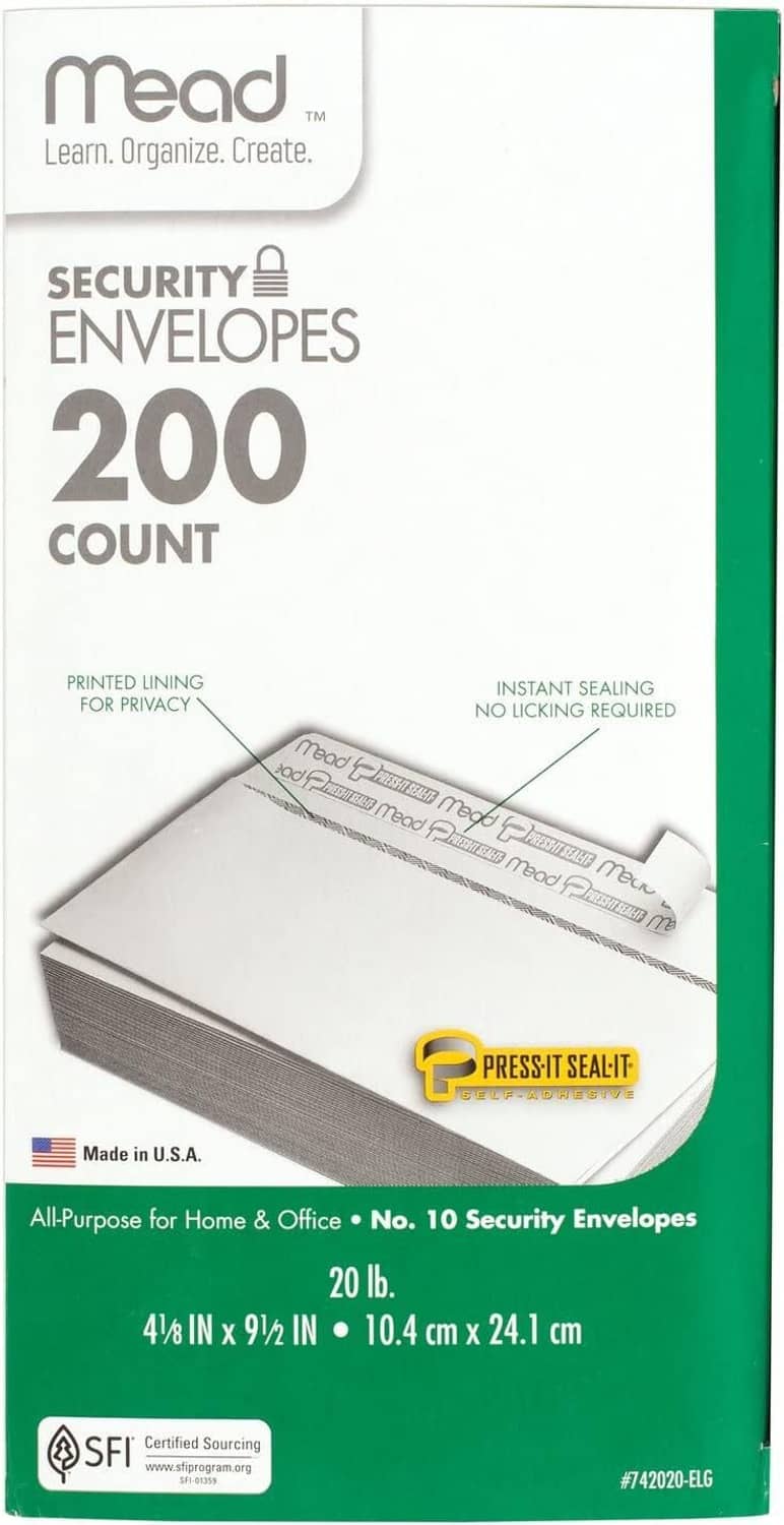 Security envelopes box, 200 count, 4-1/8 x 9-1/2 in