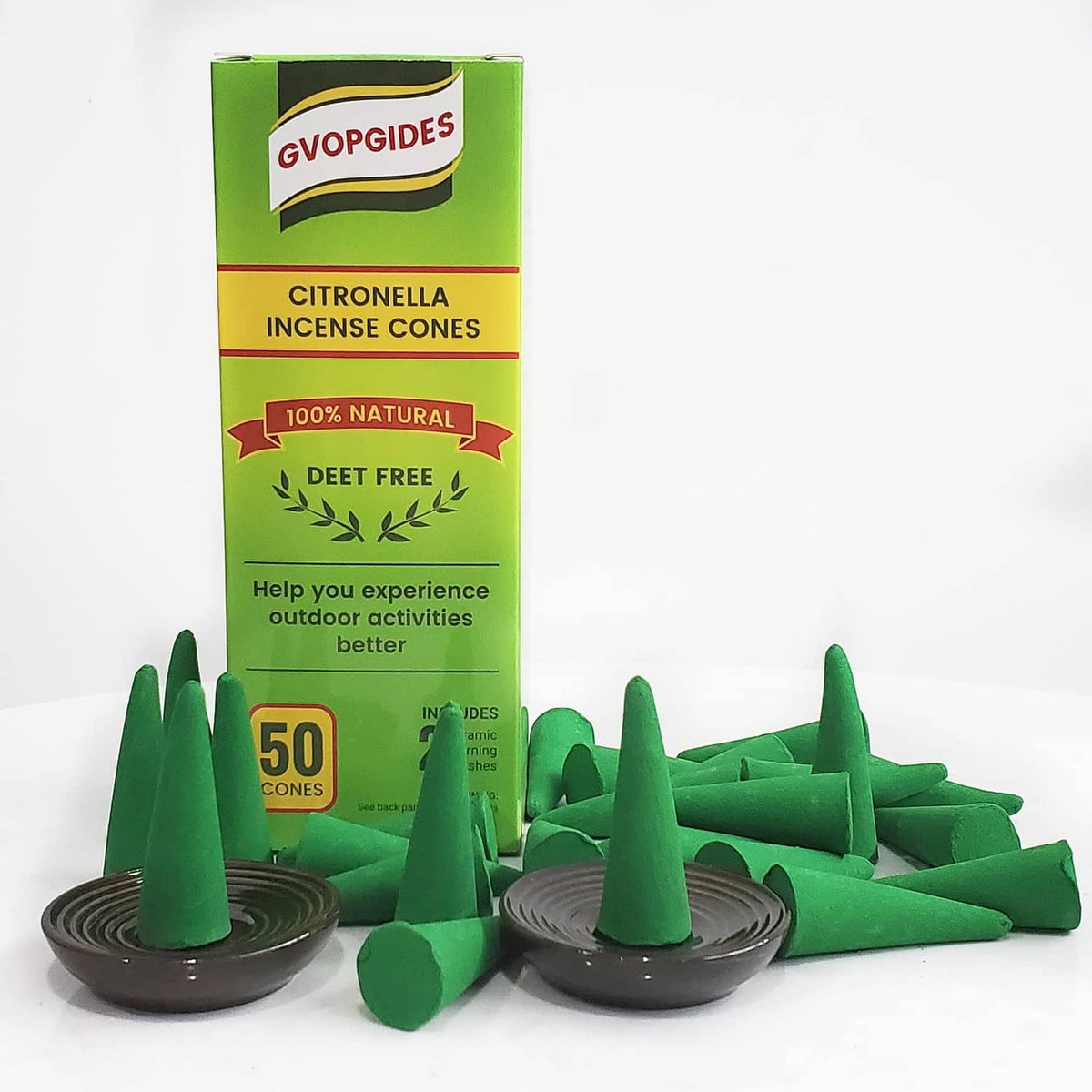 Citronella incense cones set: green cones, black ceramic dishes, and green box