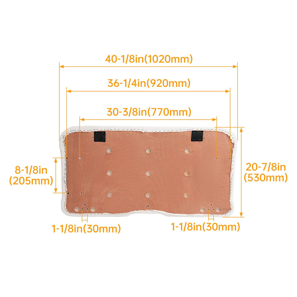 Underside of white seat cushion base with mounting holes and brackets