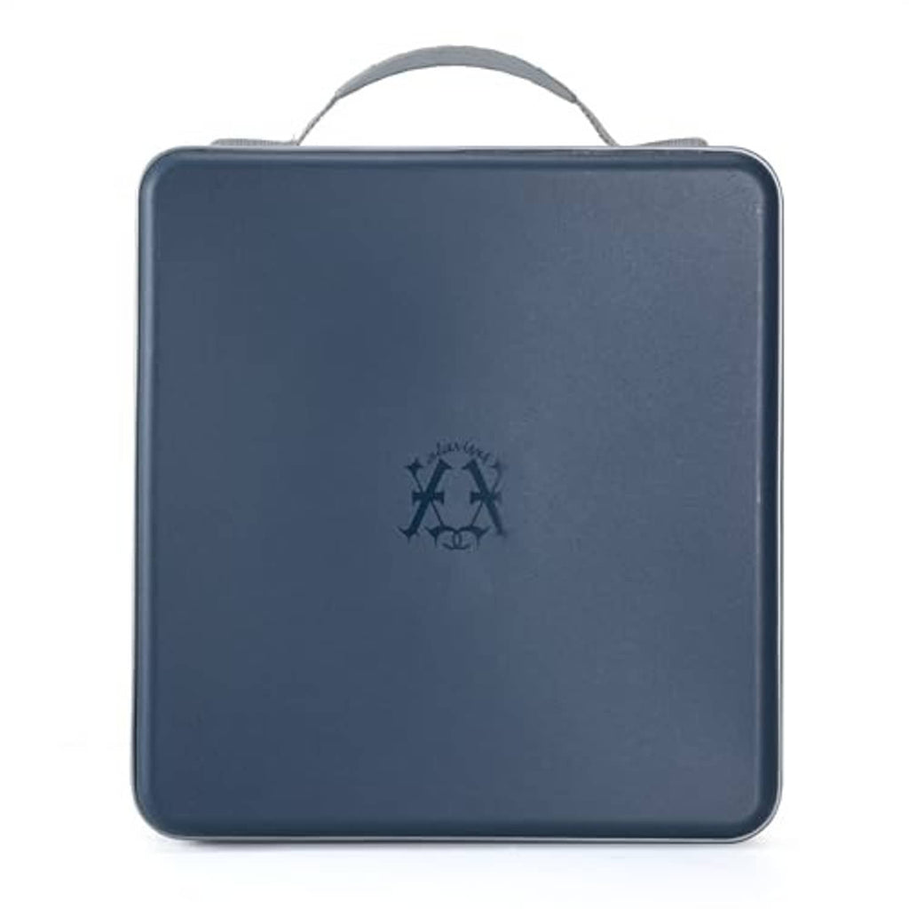Dark blue hard CD/DVD case with top handle and centered emblem, front view.