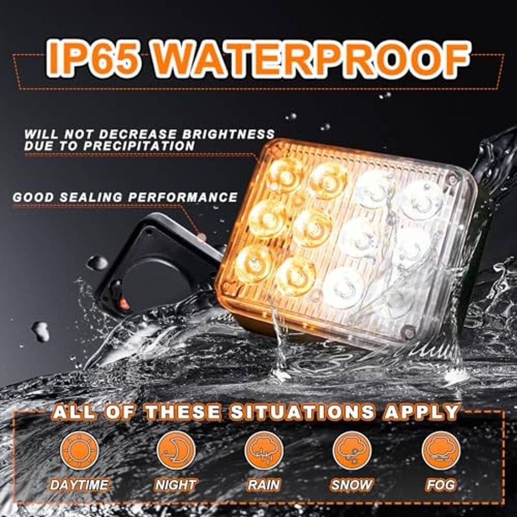 Amber and white LED strobe light with waterproof-rated design and black magnet mount