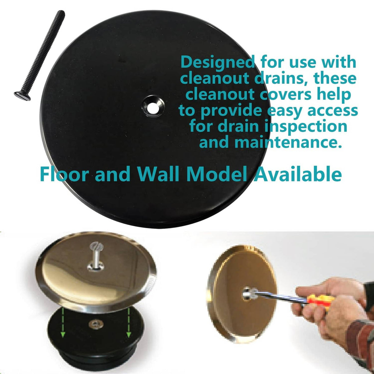 Black round cleanout access cover plate with center hole for drain maintenance