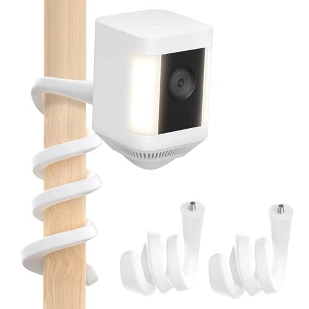 White twist mount holding a stick-up style security camera on a wooden post