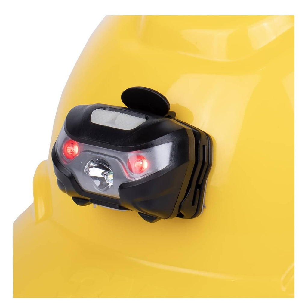 Black rechargeable hard hat light with red side LEDs and clear front lens