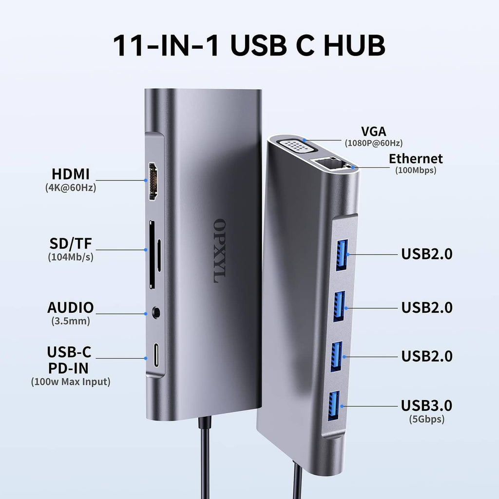 Grey USB-C hub with HDMI, VGA, Ethernet, SD/TF slots, audio jack, and USB ports