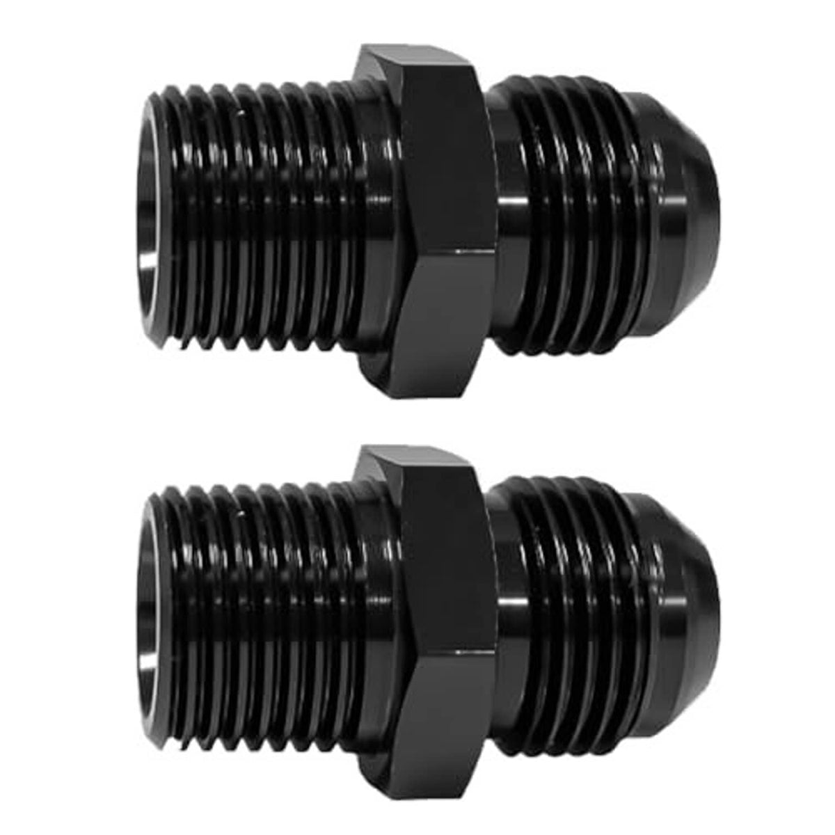 Pair of black male hose fitting adapters with hex nut and concentric threads