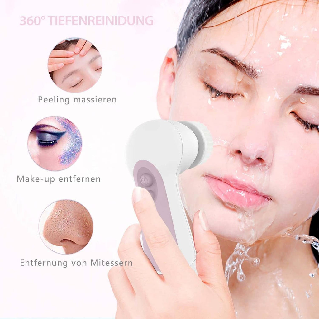 Facial cleansing spin brush being used on face, purple handle with rotating head