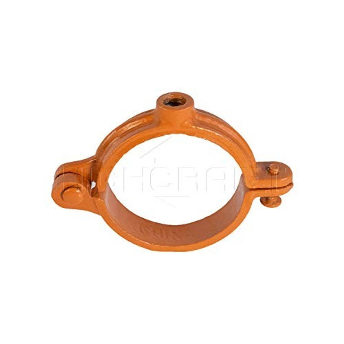 Orange hinged split ring pipe hanger, open round mounting ring close-up